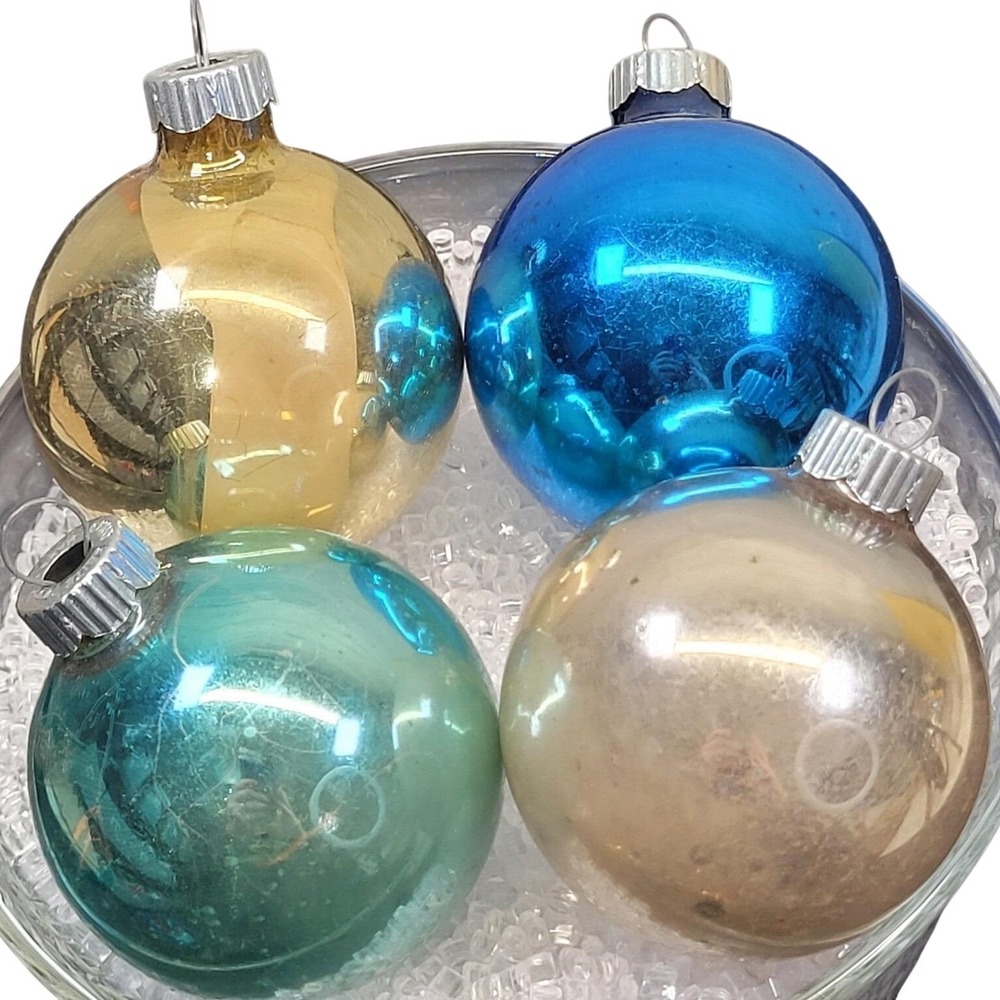 4 Shiny Brite Mercury Glassβ Christmas Tree Ornaments Solid Gold Blue Teal Vtg